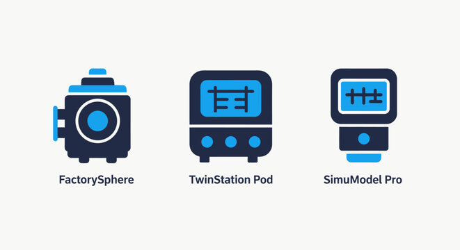 Industrial automation, factory simulation, and manufacturing process control system icons for modern technology and production management solutions