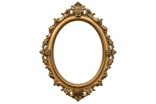 Ornate gold oval frame with baroque rococo style detailing, creating a luxurious vintage border, transparent background
