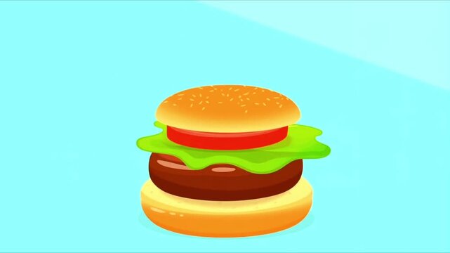 Creative deconstructed hamburger with floating fresh vegetables, cartoon style.