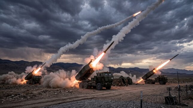 Multiple Rocket Launchers Firing During Military Field Exercise