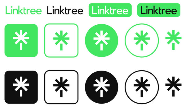 Linktree logo and icon set featuring official branding in green and black colors. Includes round, square, and outline vector symbols for social media landing pages.