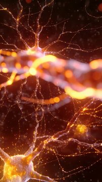 View pulling back showing glowing neuron soma with thick neurite in amber glow, pulsing filaments
