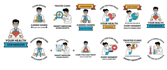 Fototapeta premium Healthcare professionals promote wellness with cheerful icons