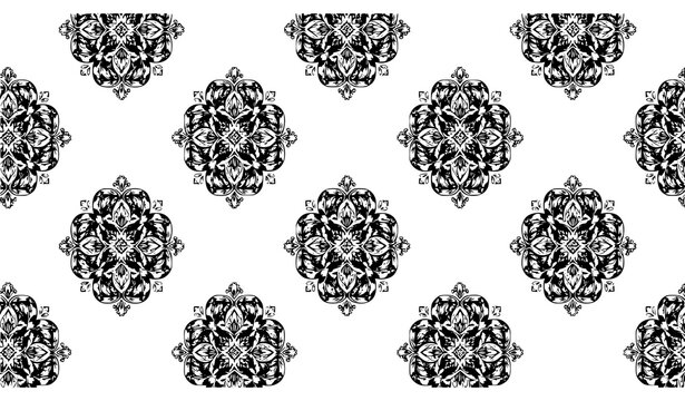 Minimal seamless ogee damask floral medallion repeat vector pattern isolated on white background
