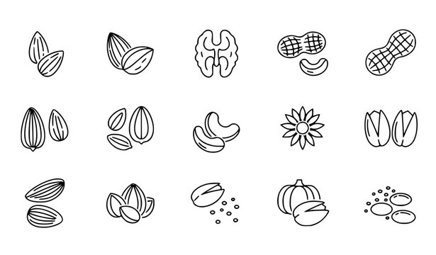 Minimal nuts and seeds outline icon set with editable stroke flat vector illustration isolated on white