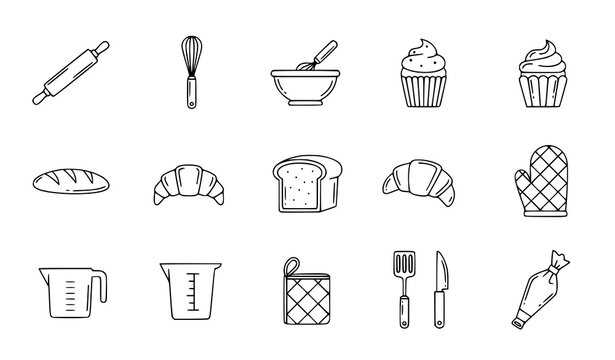 Baking and pastry editable stroke outline icon set flat vector illustration isolated on white background