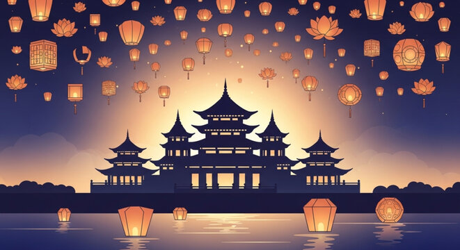 Japanese Chinese Temple Landscape at Sunset with Glowing Lanterns Floating in Sky and Water Calm Scenic Vector Art