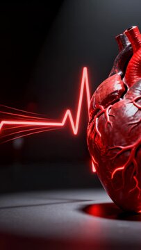 Vertical video: Pulsing ECG line sending red rays to heart model on stage syncing beat, copy space