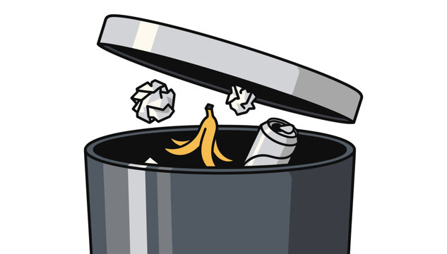 Vector illustration of a trash can with banana peels and crumpled papers
