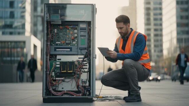 Engineer performing diagnostic checks on an outdoor ATM unit with the device front panel clear and the urban environment blurred behind.