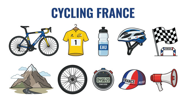 An illustration of ten cyclingrelated items against a white background