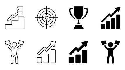 A comprehensive set of eight black icons illustrating various concepts of triumph and progress.