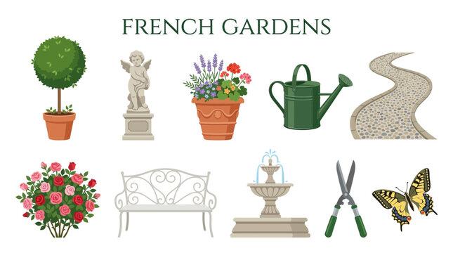 Collection of ten illustrated items related to French gardens arranged in two rows