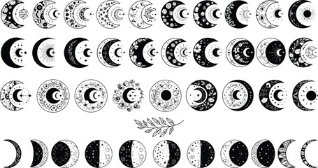 Large set of celestial moon phase illustrations featuring botanical floral and mystical patterns for boho branding spiritual magic and esoteric graphic design projects © Mukta's World