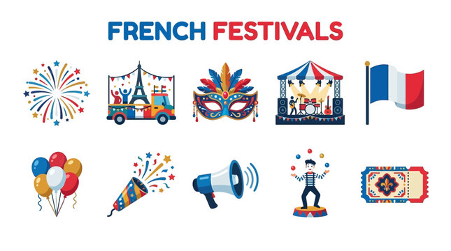 Collection of ten flat style icons representing French festivals and celebrations