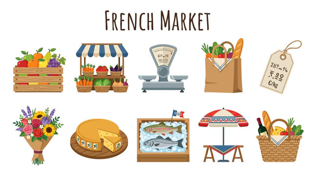 A collection of illustrations representing items found at a French market arranged in two rows