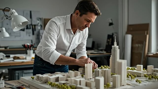 An architect carefully assembling a scale model of an urban landscape.