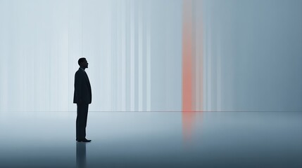 Fototapeta premium A businessperson silhouette stands before fast-moving digital data streams and glowing lines. The image captures a futuristic corporate technology concept in a sleek, abstract setting.