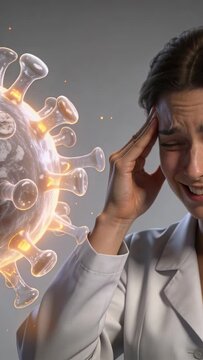 Vertical video: Glowing 3D virus appearing, woman in white coat pressing temple, showing pain