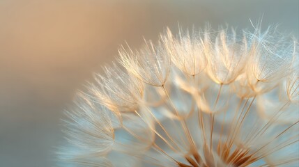 Fototapeta premium A closeup macro of a delicate dandelion showing intricate seeds and fine details. The soft light and pastel background highlight the ethereal beauty of this natural scene.