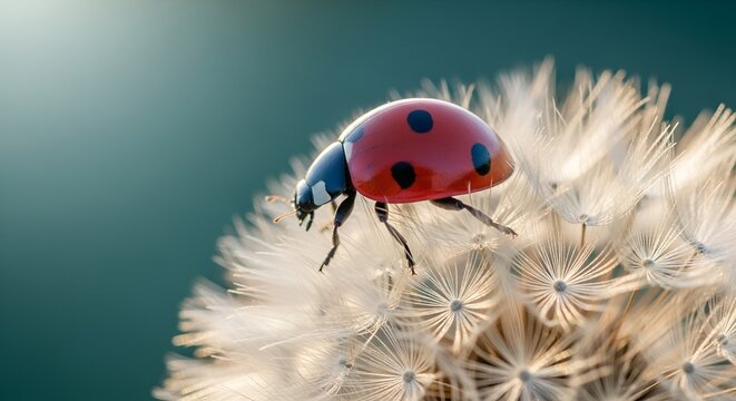 A ladybug perches on a dandelion seed head in a natural setting.