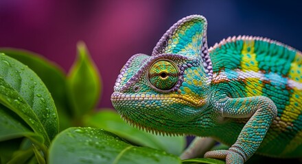 Obraz premium A colorful chameleon sits on green leaves with a blurred purple background, changing color.