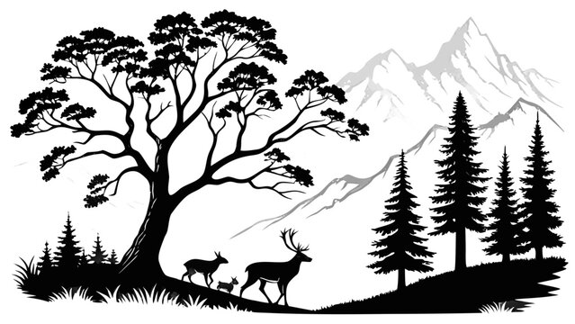 A serene forest scene featuring a majestic tree, deer family, and mountain range in a minimalist black and white vector illustration