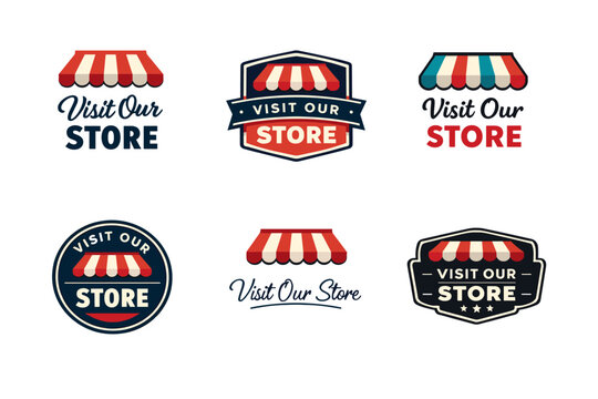 Variety of shop logos with storefront awnings and visit our store text
