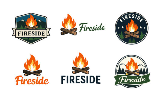 Collection of fireside logos featuring campfires and nature themes