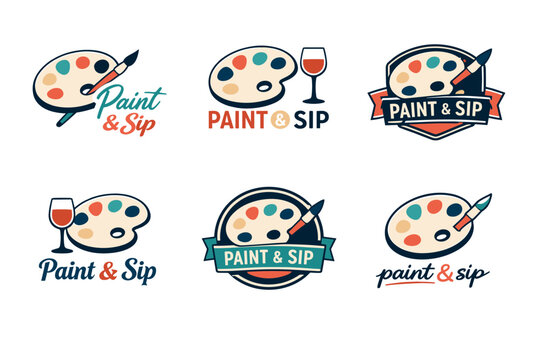 Paint and sip logos with palettes and wine glasses