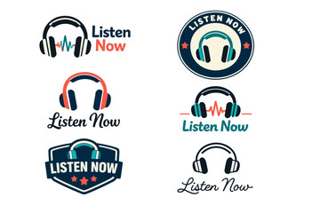 Naklejka premium Variety of 'listen now' logos featuring headphones and sound waves