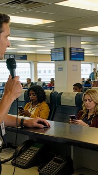 Staff member raising mic, announcing to inform passengers at counter while passengers using phones