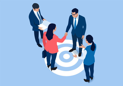 Career. Businesswoman and executive shaking hands on target success concept. Cooperation and goal achievement agreed upon with a handshake. Business vector illustration 