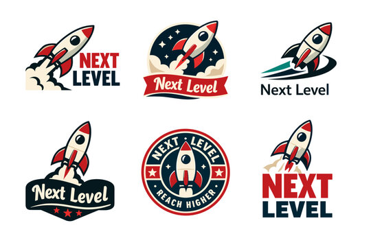 Vintage rocket launch logos with next level text and star accents