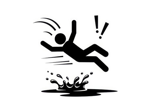 Person slipping on a wet surface with an exclamation mark indicating surprise or danger