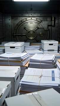 Framing document stacks and archive boxes moving toward camera in vault, showing vault door
