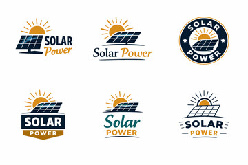 Naklejka premium Collection of solar power logos with sun and panels in various designs