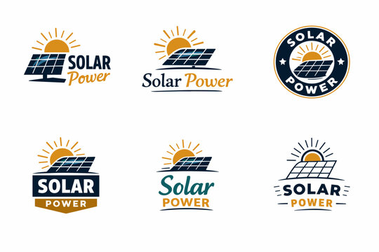 Collection of solar power logos with sun and panels in various designs
