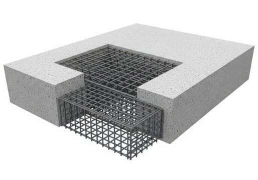 3d rendering of a concrete structure with reinforcement mesh inside cavity