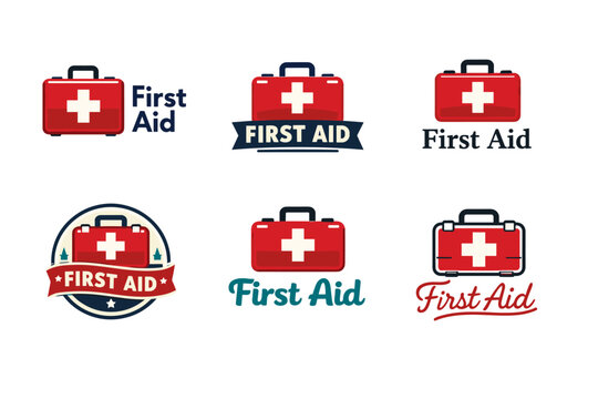 Collection of first aid kits icons with red cross symbols
