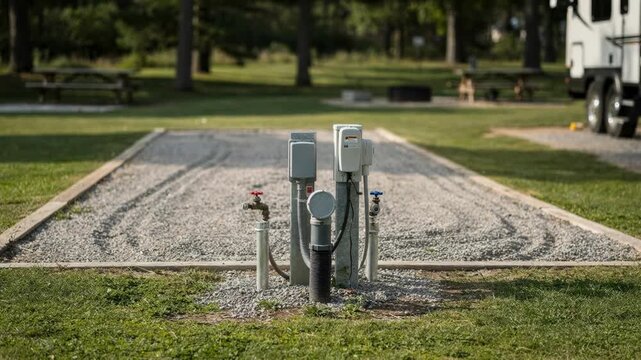 Medium shot of a pullthrough RV site with a gravel parking pad main RV hookup connections in sharp focus surrounded by blurred trees and campsite features.