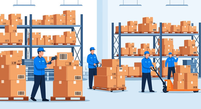 Warehouse workers loading boxes with pallet jack and scanner, logistics and delivery concept