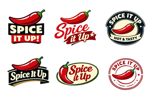 Spice it up logos set with red chili pepper designs and bold typography