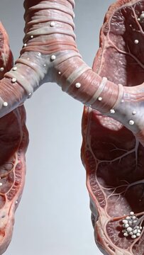 Vertical video: Rotating camera revealing Y-shaped bronchus in studio model, showing particles