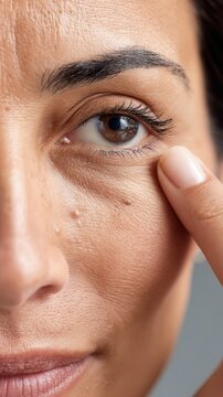 Woman touching skin near eye, showing visible acrochordons and signs of aging