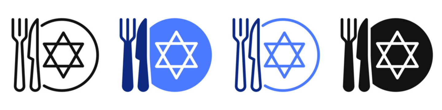 Vector icon or logo of plate with Star of David symbol related to kosher food, jewish kitchen, judaism religion. Symbol for website or app UI, logo design, illustration