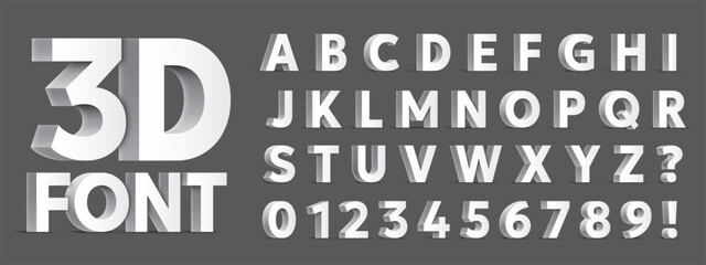 Vector illustration of full alphabet of 3d white letters and numbers from 0 to 9. Modern three dimensional extruded font isolated on grey background © Timurock