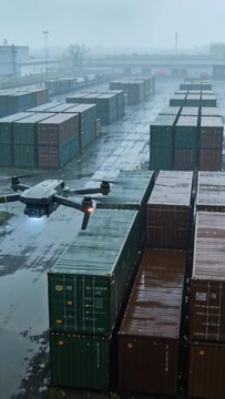 Pilot commanding drone flying low past wet container yard, inspecting cargo with camera and LEDs