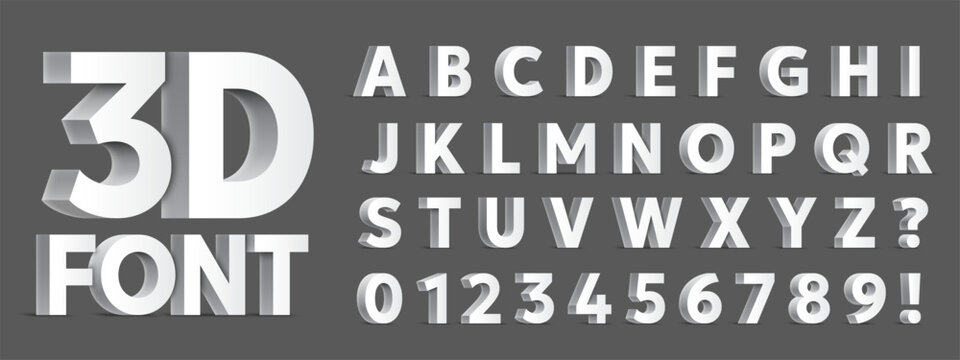 Vector illustration of full alphabet of 3d white letters and numbers from 0 to 9. Modern three dimensional extruded font isolated on grey background
