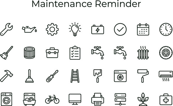 Maintenance reminder outline icon set featuring repair service inspection tools equipment interface symbols for facility and equipment management applications